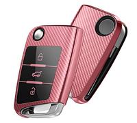 OATSBASF Car Key Cover Compatible with VW,Car Key Case for VW Golf 7 Polo Skoda Seat TPU Silicone 3 Buttons Box (Rose gold-Stripe)