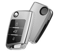 OATSBASF Car Key Cover Compatible with VW,Car Key Case for VW Golf 7 Polo Skoda Seat TPU Silicone 3 Buttons Box (Silver-Stripe)