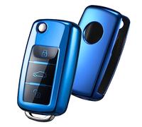 OATSBASF Car Key Cover Compatible with VW,Key Protective Case for VW Golf 4 5 6 Polo Skoda Seat TPU Silicone 3 Buttons Box (Blue-Plating