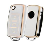 OATSBASF Car Key Cover for VW Golf 3 Key Box/Key Case Cover for VW Polo, Passat, Skoda, Seat, 3 Buttons (White-Golden Edge)