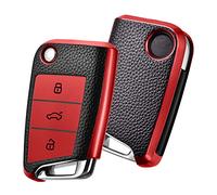 OATSBASF Car Key Cover for VW Golf 7 Key Box/Key Case Cover for VW, Polo, Skoda, Seat, 3 Buttons (Red Leather)
