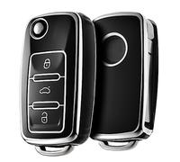 OATSBASF Car Key Cover for VW Golf Key Case Cover for VW Polo Passat Skoda Seat 3 Buttons (Silver Edge Black)