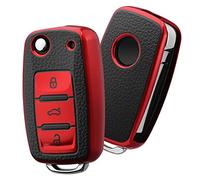 OATSBASF Car Key Cover for VW Golf, Polo, Passat; Skoda; Seat; 3 Buttons (Red-Leather)