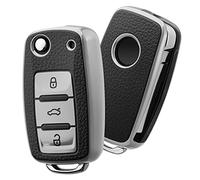 OATSBASF Car Key Cover for VW Golf, Polo, Passat; Skoda; Seat; 3 Buttons (Silver-Leather)