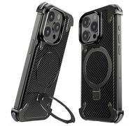 OATSBASF Frameless for iPhone 15 Pro Max Case, [Compatible with MagSafe] Bezel Less Metal Slim Protective Shock, Fast Wireless Charging Phone Case with Ring Holder Magnetic Invisible Stand, Black