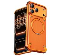 OATSBASF Frameless for iPhone 17 Pro Case, Sleek Minimalist Protective Shock Absorption Aerospace Grade Shells with 360° Rotating Kickstand, Leather-Orange