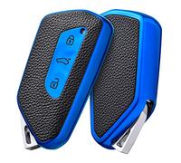 OATSBASF Key Case Suitable for VW, Car Key Case for Golf 8 Seat Leon MK 4 Tarraco Ateca Skoda Octavia 2020 TPU Silicone Protective Case (Blue Leather)