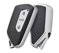 OATSBASF Key Case Suitable for VW, Car Key Case for Golf 8 Seat Leon MK 4 Tarraco Ateca Skoda Octavia 2020 TPU Silicone Protective Case (Silver Leather)