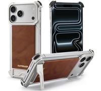 OATSBASF Leather Case for iPhone 17 Pro Max, Metal Frameless Design, Slim Adjustable Kickstand Bumper Phone Case, Protective Shock Grade Shell,Natural Titanium
