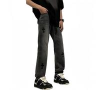 OATTIS Cross Design Loose Fit Straight Leg Men's Jeans Casual Hip Hop Style High Street Fashion Bootcut Trousers,Color2,2XL