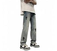 OATTIS Cross Design Loose Fit Straight Leg Men's Jeans Casual Hip Hop Style High Street Fashion Bootcut Trousers,Color1,2XL