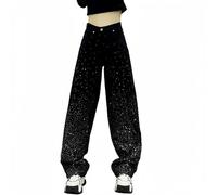OATTIS Diamond Black Casual Jeans For Women In Autumn,high Waist,loose Fit,slimming Straight Leg,wide Leg, Floor Length Pants,Color1,M
