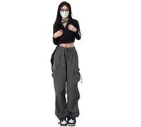 OATTIS Loose-Fit Straight-Leg Wide-Leg Casual Vintage Design Sensibility Cargo Pants Women's Large Pocket Trendy,Color1,S