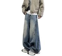 OATTIS Vintage High Street Wide Leg Men's Jeans Casual Loose Long Pants Straight Tube Polyester Fiber Mid Waist Zipper Opening,Color1,S