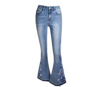 OATTIS Women's Floral Embroidered Flare Jeans, High Waist Stretch Denim Bell Bottom Pants Frayed Hem,Color1,XL