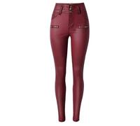 OATTIS Women's High Waisted 3-button Slim Fit Small Leg Pants Made Of PU Imitation Leather, Wine Red Zipper Coating, Available In Plus Size,Color1,L
