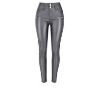 OATTIS Women's High Waisted Elastic Coating Noble Gray Imitation Leather Pants Denim Small Leg Pants PU 3 Button,Color1,XL