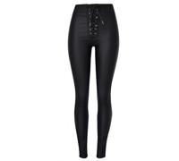 OATTIS Women's Pant High Waisted Slim Fit Elastic Metal Perforated Straps Elastic Waist PU Faux Leather Denim Leggings Womens Pants,Color1,S