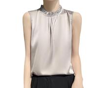 OATTIS Women's Ruffle Mock Neck Sleeveless Satin Blouse, Elegant Pleated Tank Top, Multiple Colors & Plus, Color1,XL