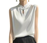OATTIS Women's Satin Sleeveless Blouse, Qipao-Inspired Stand Collar Tank Top With Frog Buttons, Elegant Casual & Office Wear,Color1,3XL