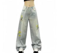 OATTIS Women's Spring And Summer Embroidered Floral Wash Jeans High-waisted Loose And Versatile Straight Wide-leg Pants Tide,Color1,L