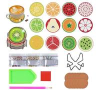 Oaygat 12 Pcs Diamond Art Coasters Diamond Painting Coasters Kit with Holder Fruit Drinks Coaster with Cork Colorful DIY Cup Coaster Round Full Drill Diamonds Art Kit Craft for Adults Kids,Beginners
