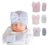 Oaygat 3 Packs Newborn Baby Hats Mittens Set Knitted Crochet Cap Beanie Infant Bow Hat Hospital Hat Baby Turban Hats Babys Gloves Infant Cap Soft Nursery Hospital Caps Beanies Bonnets Toddler Caps
