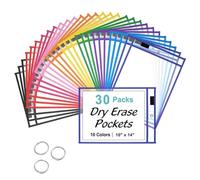Oaygat 30 PCS A4 Write and Wipe Pockets Dry Erase Pockets with 3 Ring 10 X 14 Inch Reusable Plastic Sleeves Waterproof Dry Brush Bag Punched Pocket Plastic Wallets Folder Document Files Popper Wallet
