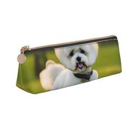 OAZCVBNN Bichon Frise Dog on The Grass Print Leather Pencil Case Stylish Pouch School Travel Makeup Organization Lightweight