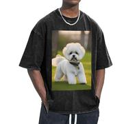 OAZCVBNN Bichon Frise Dog On The Grass Print Oversized T-Shirts Classic Fit Short Sleeve Lounging Home Traveling Gym Workouts Black