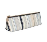 OAZCVBNN Blue Beige Stripe Pattern Print Leather Pencil Case Stylish Pouch School Travel Makeup Organization Lightweight
