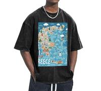 OAZCVBNN Greece Map Print Oversized T-Shirts Classic Fit Short Sleeve Lounging Home Traveling Gym Workouts Black