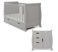 OBaby Stamford Grey Sleigh Cot Bed with Drawer & Changing Unit Room Set Warm Grey