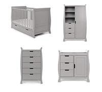 Obaby Stamford Sleigh Cot Bed 4 Piece Nursery Set - Warm Grey. Includes Cot Bed, Closed Changing Unit, Tall Chest & Double Wardrobe
