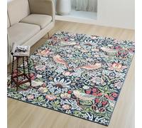 Obal Washable Rugs Living Room 200x290cm, William Morris Strawberry Thief Vintage Rug, Green Extra Large Non Slip Low Pile Rug, Faux Wool Soft Machine Washable Floral Carpet for Bedroom