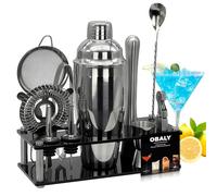 OBALY Cocktail Shaker Set 11 piece Stainless Steel cocktail kit with Acrylic stand 25-ounce Boston shaker Cocktail Recipes Booklet ，Perfect for home/bars/parties