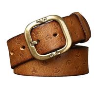OBASDFD Embossed Leather Belt For Men Women - Genuine Cowhide, Handcrafted Engraved Strap 3.8cm, Pin Buckle Waistband(Brown,115cm/45)