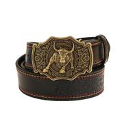 OBASDFD Vintage Western Double Row Stitch Embossed Belt, Unisex Engraved Bull Rodeo Buckle For Jeans Pants Dresses(130cm/51)