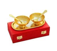 obbi tm Gold Plated Brass 2 Bowls and 2 Spoons with Tray (Gold) - Set of 5 Pieces