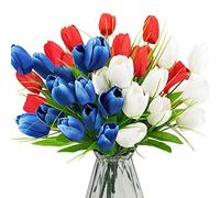 obbsie Patriotic Artificial Tulip Flowers, 13" Fake Red White and Blue Memorial Tulips Bouquet 4th of July Memorial Day Cemetery Flowers Arrangements for Grave Vase Home Party Decor
