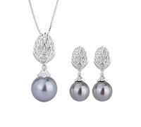 OBCPD 12-14mm Black Pearl Pendant Necklace Earrings for Women Full High Carbon Diamond Anniversary Wedding Jewelry Sets