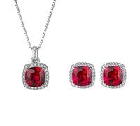 OBCPD 925 Sterling Silver 8 * 8MM Ruby Gemstone Pendant Necklace Earrings Wedding Jewelry Set Gift for Girlfriend