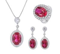 OBCPD Ruby Gemstone Diamond Pendant Necklace Earring Ring Wedding Jewelry Sets for Women Accessories