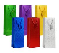 OBD 6 x Holographic Wine Bottle Gift Bags Shiny Metallic Foil Gift Carrier Bags with Handles & Tags Ideal for Birthday Christmas Wedding Anniversary Festive Celebrations