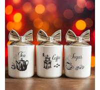OBD Ceramic Tea Coffee Sugar Canisters Set With Decorative Lids With Black Text Logo Design Perfect Kitchen Storage Jars for a Modern Stylish Countertop (White)