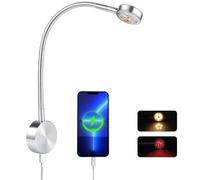 Obeaming Campervan LED Reading Light 12V Flexible Spot Inbuilt Dimmer Switch, Type-C Charger&Red Night Light Bedside Reading Lamp 3200K for Motorhome Caravan Camper Van, DC12-24V (Silver)