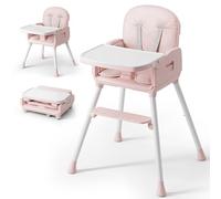Obee Odee 3-in-1 Portable Baby High Chair for Babies and Toddlers, Convertible Easy Clean Infant Foldable Highchair with Adjustable Legs & Dishwasher Safe Tray, Pink