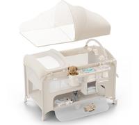 Obee Odee 4 in 1 Baby Bassinet, Pack and Play, Bedside Crib Sleeper, Diaper Changer - Comes with Mattress, Mosquito Net，Bottom Storage and Toy Bar for Newborn to Toddles