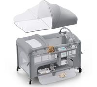 Obee Odee 4 in 1 Baby Bassinet, Pack and Play, Bedside Crib Sleeper, Diaper Changer - Comes with Mattress, Mosquito Net，Bottom Storage and Toy Bar for Newborn to Toddles