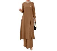 OBEEII Abaya Muslim Women's Set of 2 Long Sleeve Tops Robe and Trousers Corban Ramadan Outfit Middle East Dubai Arabic Islamic Clothing Women, khaki, L